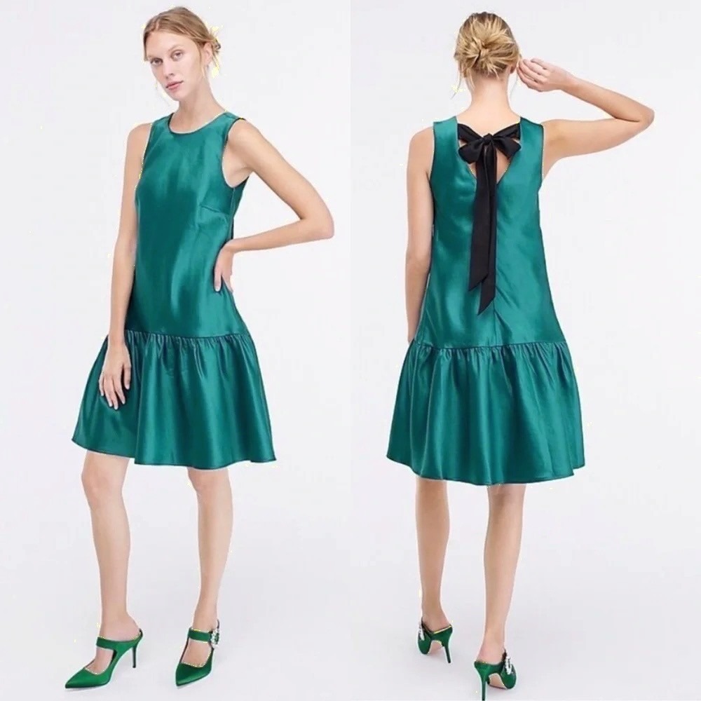 J. Crew Bow Back Shift Dress Duchesse Satin Size 10 Emerald Green Flounce Hem